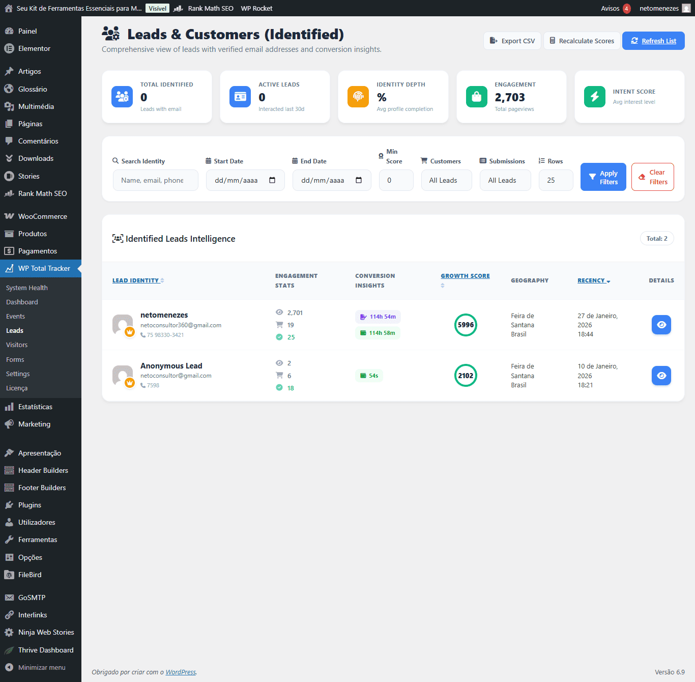 Leads identificados no WP Total Tracker